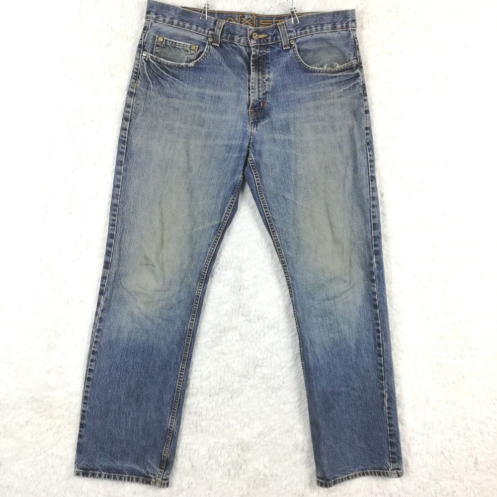 Axist Mens Jeans Straight Leg Blue Denim Medium Wash Whiskering Workwear 34x32‎